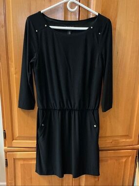 White House Black Market Black Long-Sleeve Elastic-Waist Dress with Stud Accents